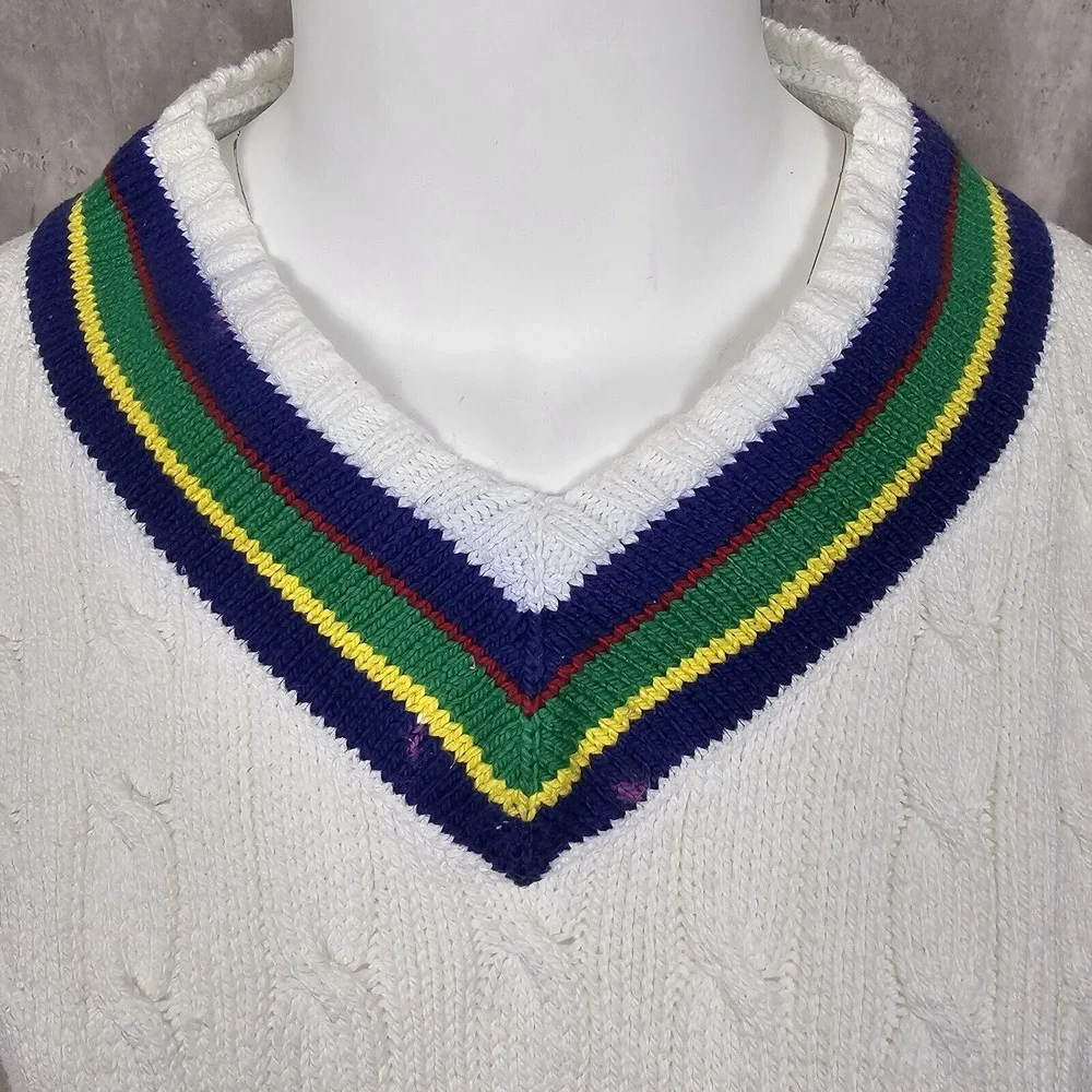 Vintage 90s Polo‎ Ralph Lauren Mens 2XL Vneck White Chunky Knit Cricket Sweater